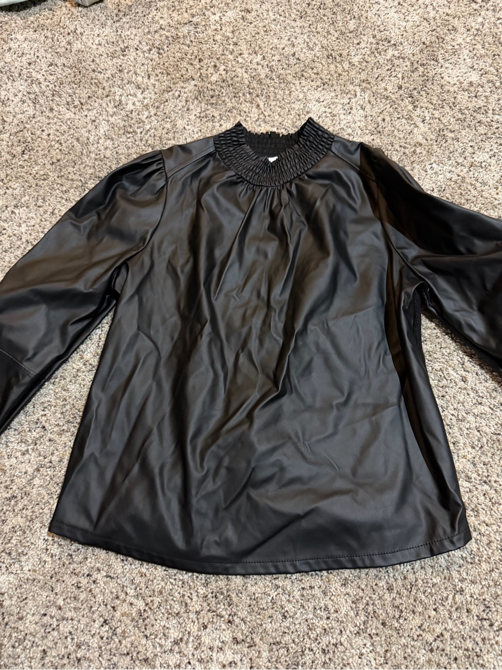Black Faux Leather Long-Sleeve Top with Smocked Neck